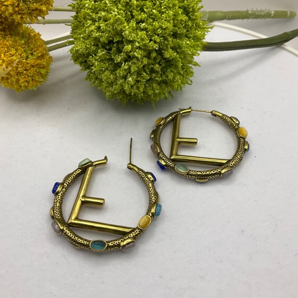 Iconic "F" Logo Hoop Earrings with Multicolored Gemstones - Picture 6 of 7